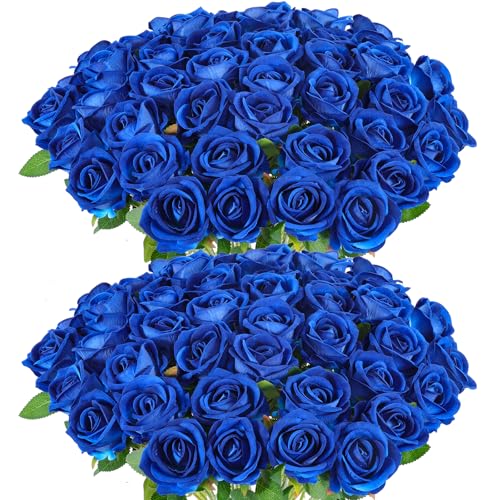 Hananona 50 Artificial Roses in Bulk, Fake Silk Roses Realistic Blue Roses for Wedding Centerpieces Flower Arrangement Home Decor (50, Blue) - color: Blue