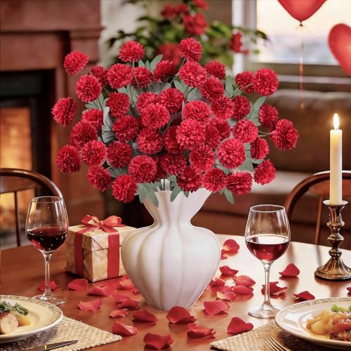 INQCMY Artificial Flowers 12 Pcs Fake Chrysanthemums Faux Kiku Flower Long Stem 20" Realistic Silk Pompon Mums for Vase Wedding Bouquets Centerpieces Home Decor (Red) - color: Red