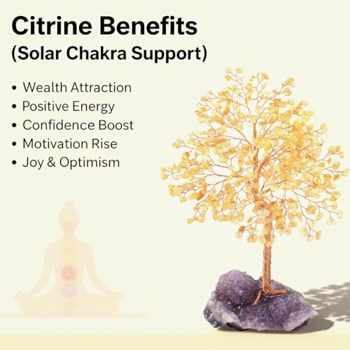 Gemstone Crystal Tree of Life,Natural Citrine(406 Stones Count) with Amethyst Cluster Base,Chakra Healing Crystals Positive Energy Fengshui Bonsai Money Tree Gift 8.5"-9" - color: Citrine With Amethyst Cluster Base