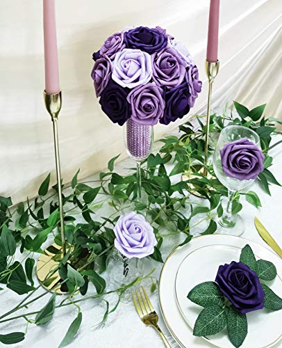 Artificial Flowers 25PCS Real Looking Ombre Colors Purple Fake Roses with Stem for DIY Wedding Bouquets Centerpieces Baby Shower Party Home Decorations - color: Shades of Purple, size: 3"/25pcs