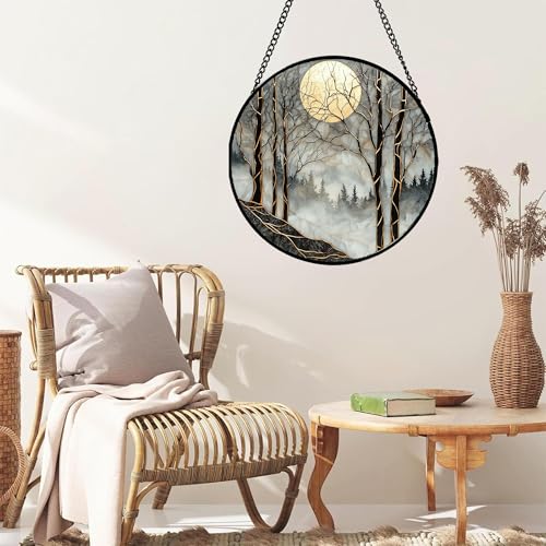 Stained Glass Window Hanging - Black and White Gold Moon Forest Sun Catcher for Door Home Decor Suncatcher Christmas Mother's Day Birthday Gifts for Women Men Lovers Mom Nana 6.3 in - color: Black Gold, size: 6.3x6.3 IN