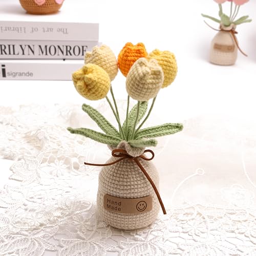 Handmade Tulips, Artificial Plant Crochet Flowers， Tulips Suitable for Home Room, Table, Office Ornaments and Birthday Gifts Suitable for Family and Friends Anniversary (5 Flowers-Yellow) - color: Yellow B, size: B