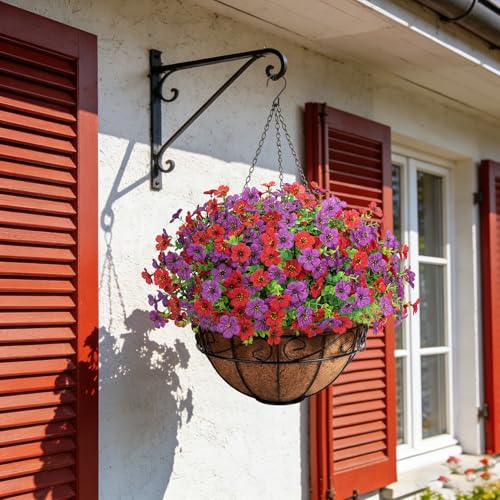 Artificial Fake Hanging Flowers Plants Basket Outdoors, Faux Silk UV Resistant Look Real Daisy Eucalyptus for Spring Summer Garden Porch Home Patio Balcony Yard Decorations, Red Purple - color: Red and Purple