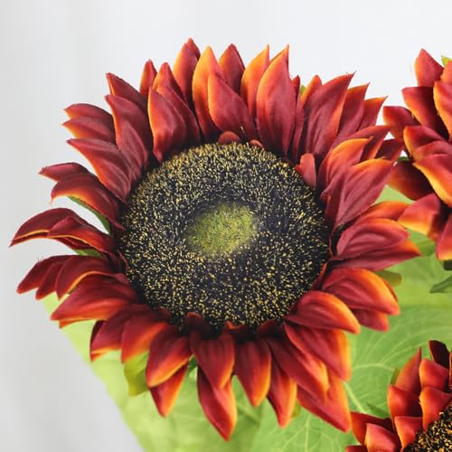 Olrla Long Stem Artificial Sunflowers 6pcs, Red Silk Faux Sunflower for Flowers Arrangement Wedding Bouquet Table Centerpieces Home Office Decoration（NO VASE） - color: Red Long Stem