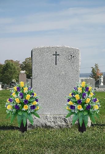 LVXINLI Artificial Cemetery Flowers, Gravesite Decoration Roses, Memorial Bouquets with Cemetery Vase, Vibrant and Long-Lasting Colors （ Yellow+Purple, 2 Bundles - color: Yellow+purple
