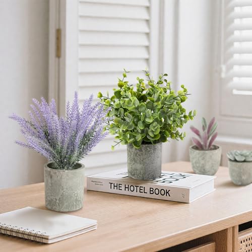 ALAGIRLS 4 Packs Fake Plants Small Artificial Plants for Shelf Lavender Flowers Eucalyptus Succulents Plants Potted Faux Plants for Home Indoor Office Bathroom Living Room Decor - color: Lavender-4pc