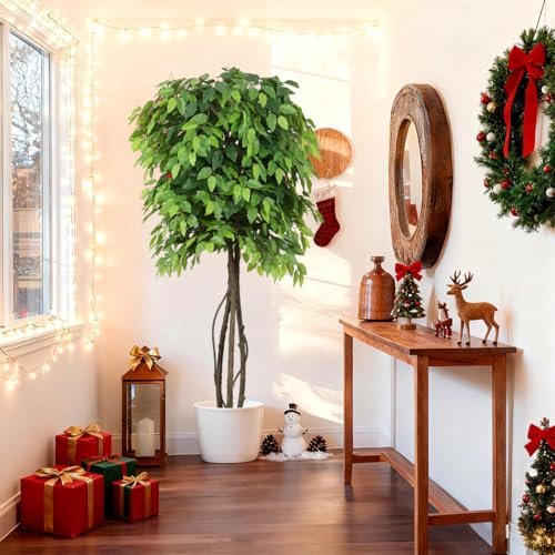5ft Artificial Ficus Trees for Home Indoor Decor,Faux Banyan Plant with Nearly Natural Leaves Curved Trunks Fake Green Lifelike Tree for Living Room Office Garden Christmas New Year Decor - color: Green-ap21