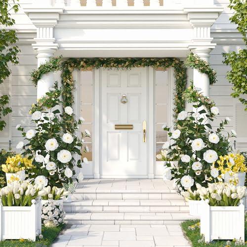 1Pack 47.24"/3.94FT Artificial Camellia Trees with 36 White Flowers in Cement Pots – Lifelike Fake Trees for Front Porch, Home, Indoor Outdoor Spring Decor, Office or Housewarming Gifts - color: White, size: 3ft 11in