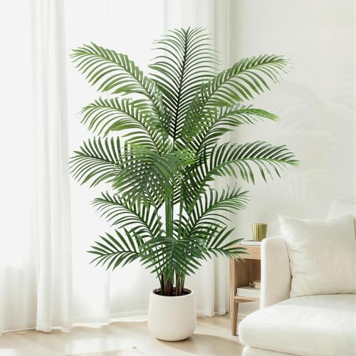 5ft Artificial Palm Tree Tall Faux Palm Tree Indoor Large Fake Plants with 15 Trunks Artificial Plants with White Pot Lifelike Leaves for Home Office Decor Living Rooms Bedrooms - color: Palm Tree 5ft