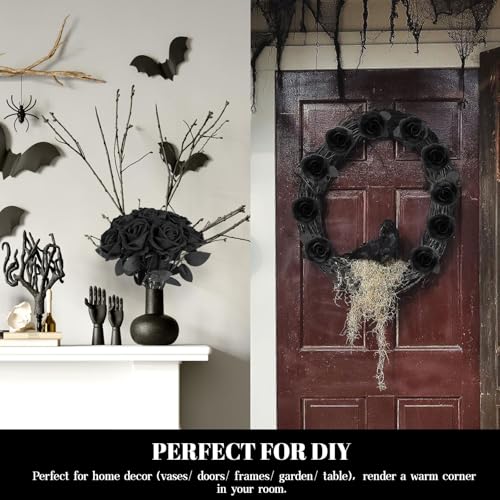 10 PCS Artificial Roses with Long Stems Silk Flowers Realistic Foam Flowers Fake Roses for Valentine's Day Home Wedding Halloween Decor(All Black) - color: All Black