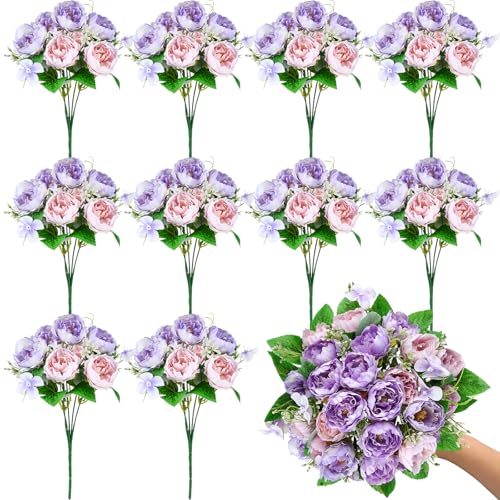 Olgaa 12 Bundles Peonies Artificial Flowers Fake Peony Bouquet Faux Peonies Flowers Bulk with Stems Flower Balls for Centerpiece Table Decorations Wedding Bridal Floral Arrangement (Purple) - color: Purple
