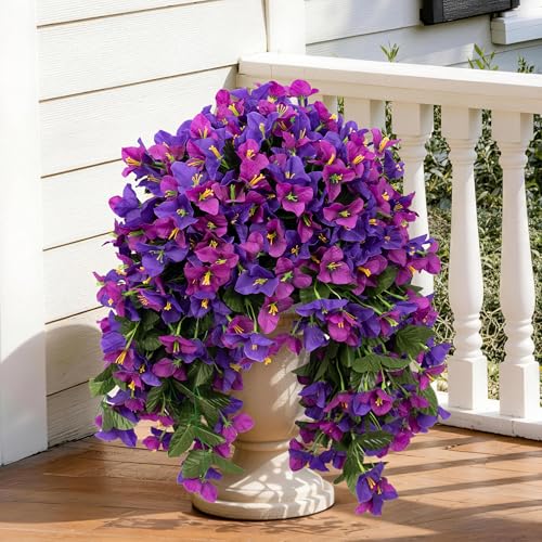 Artificial Bougainvillea Hanging Flowers Plants - 2 PCS faux Bougainvillea artificial flowers with Long Trailing Vines for Outdoor Decoration, Perfect for Porch, Garden (Dark Purple Dark Lotus) - color: Purple & Red Lotus Mix