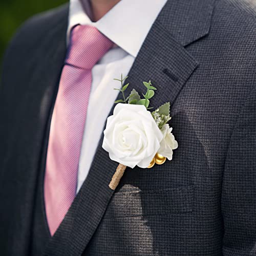 MTLEE 15 Pcs Burgundy Boutonniere for Men Rose Wedding Boutonniere with Pin Groom Groomsmen Buttonholes Man Suit Corsage for Vintage Wedding Ceremony Anniversary Dinner - color: White, style: Classic
