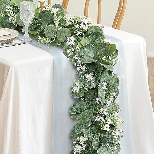 KHOYIME Eucalyptus Garland with White Flowers, 2 Packs 5.9Ft Artificial Silver Dollar Eucalyptus Leaves Plant Fake Greenery Hanging Ivy Vines Faux Wreath for Wedding Arch Party Mantle Table Home Decor - color: Green and White