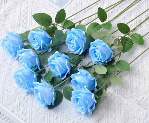 Kenpal Realistic Fake Roses Artificial Flowers with Stem for Decoration Floral Arrangement Centerpieces Wedding Bouquets (10, Sky Blue) - color: Sky Blue