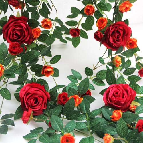 6FT Bendable Flower Garland, Artificial Rose Vine Hanging Floral Garland Decoration for Weding Home Room Wall Decor (Red, 1pcs) - color: Red, size: 1pcs