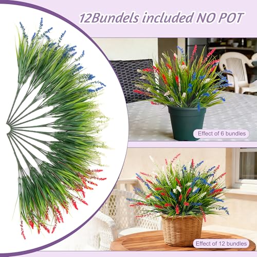 Ammyoo Artificial Faux Plants for Outdoor Spring Decoration, 12 Pcs Fake Monkey Grass for Garden Porch Balcony Planters, Fake Flowers Shrubs UV Resistant No Fade Plants Greenery Bush (Red Blue White) - color: Red Blue White, size: 12 Pcs