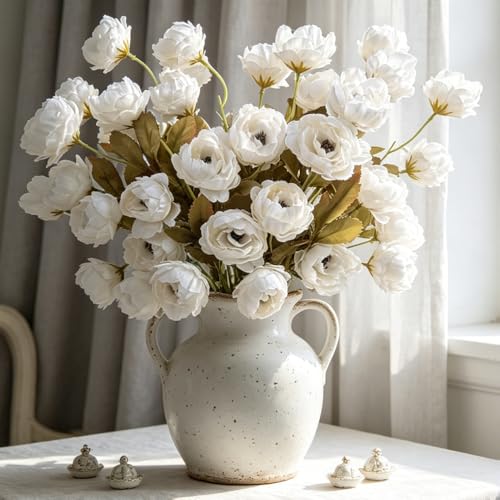 LESING Artificial Peony for Vase, 6 Pcs Fake Peonies 28'' Faux Silk Flowers Bulk Branches with Stems for Tall Vase Home Decoration Table Centerpiece (White) - color: White
