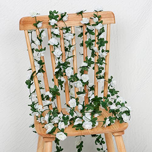 KHOYIME 18 Pack 144 FT Artificial Flower Garland, Fake White Roses Vines Silk Flowers Faux Plastic Outdoor Hanging Floral Ivy Garland Decoration for Wedding Arch Bedroom Home Wall Backdrop Room Decor - color: White, size: 18pcs