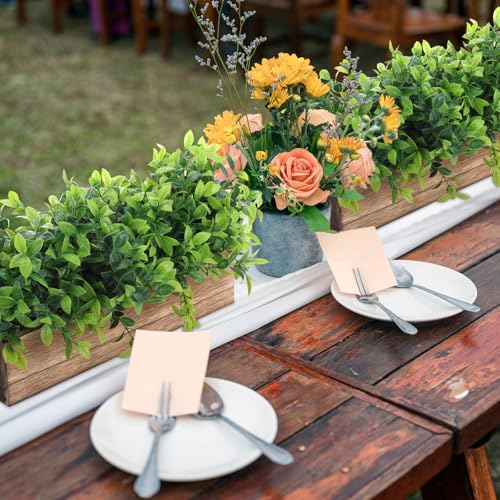 Lyrow 2 Pack 16 '' Artificial Eucalyptus Plants in Rectangular Rustic Wooden Planter Box Faux Potted Herb Plant Greenery Centerpiece for Cabinet Windowsill Table Shelf Wedding Decor (Brown) - color: Brown, size: 16 ''