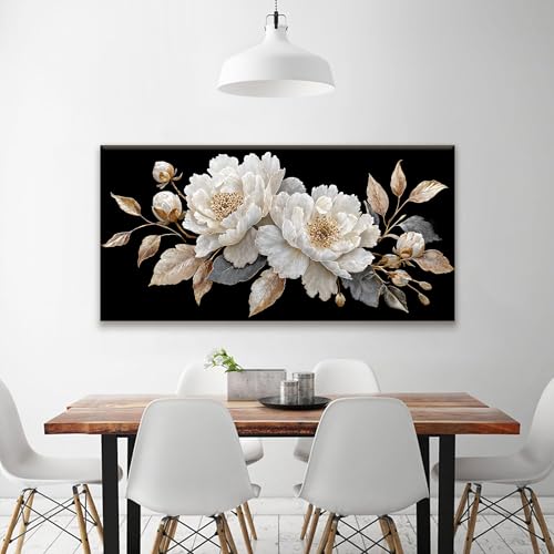 Modern Wall Art Decor Elegant White Flower Picture Artwork Home Wall Decor Canvas Wall Art For Living Room Bedroom Office Kitchen Ready To Hang 24x48 Inch Canvas Prints - color: White Black Gold, size: 48"L x 24"W