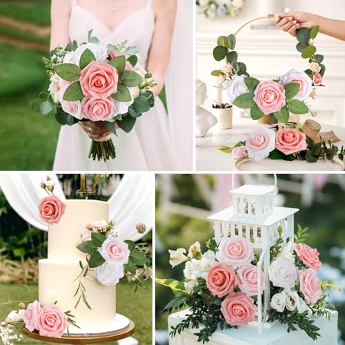 AmyHomie 25pcs Real Looking Artificial Shades of Blush Roses w/Stem for DIY Wedding Bouquets Centerpieces Arrangements Party Baby Shower Valentines Day Christmas Tree Decorations - color: Shades of Blush