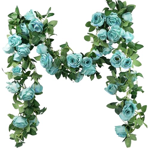 FiveSeasonStuff 29 Ft 4 Pack Rose Silk Flower Garland Artificial Flowers Decoration Hanging Floral Décor for Wedding Baby Shower Birthday Party Garden (Sky Blue) - color: Sky Blue