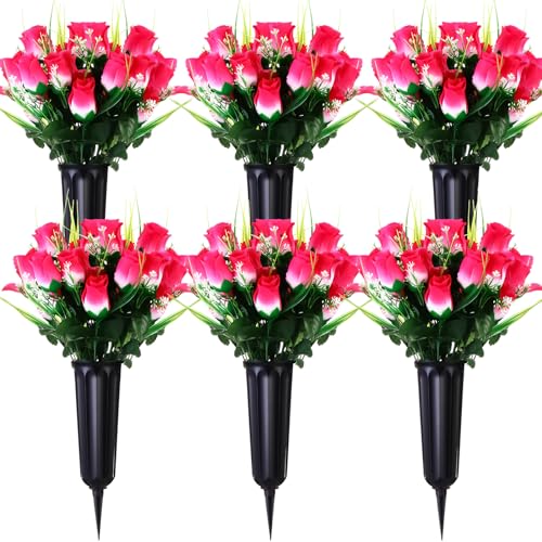 Tigeen 6 Sets Father's Day Cemetery Flowers with Grave Vase 12 Bunches Artificial Rose Memorial Bouquet 84 Heads Fake Silk Flower for Dad Gravesite Graveside Decor(Pink) - color: Pink