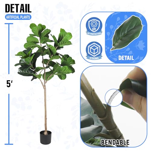 E&K 5FT Artificial Fiddle Leaf Fig Tree with Plastic Nursery Pot, Fake Tree Artificial Greenery Plant Faux Trees for Home Office Garden Indoor Outdoor Decor (1 Pack) - color: Fiddle Leaf Fig Tree, size: 5ft