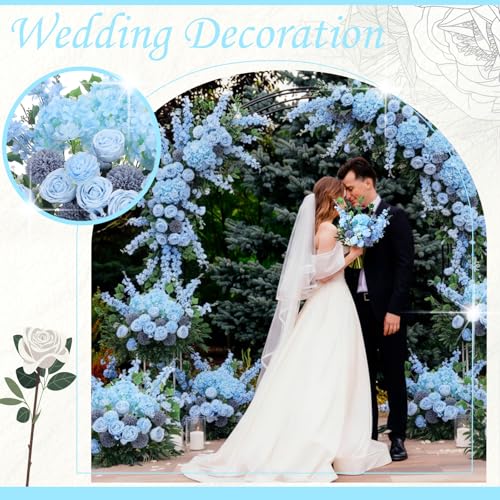 Suncalla 36 Pcs Blue Artificial Flowers Bouquet Set 8 Kind Faux Delphinium Rose Peony Chrysanthemum Hydrangea Baby's Breath Florals with Greenery Long Stem for Wedding Table Vase Decor - color: Blue