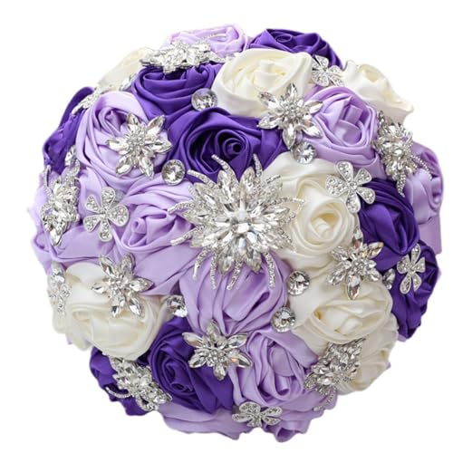Purple Bridal Wedding Bouquet Handmade with Luxury Silver Rhinestone Brooch for Bride Bridesmaid Quinceanera Satin Rose Flower Bouquet Wedding Purple Lavender and Ivory 8.7inch - color: Purple, Lavender & Ivory, size: Large (DIA. 8.7"/22cm)