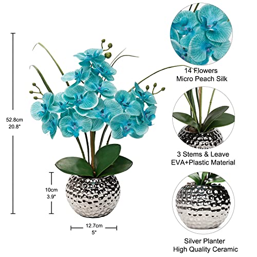 Briful Artificial Orchids Flowers 20'' Teal Blue Faux Orchid Arrangement with Silver Vase Fake Phalaenopsis Silk Orchid for Home Office Living Room Table Decor - color: Teal #005