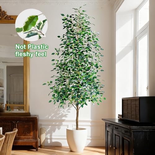 Bailikang 8FT Artificial Ficus Trees Indoor Faux Trees Indoor Fake Floor Plants Tall Artificial Tree with White Pot Faux Tree Fake Indoor Tree Silk Plants Artificial Trees for Home Decor Indoor - color: Green Leaf With White Pot, size: 8ft