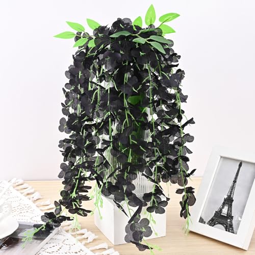 48Pcs Artificial Wisteria Hanging Flowers, 3.6Ft/Pcs Black Fake Wisteria Garland for Wedding Party Home Garden Indoor Outdoor Decoration - color: Black, size: 48Pcs