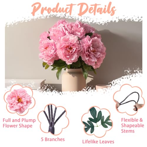 Deep Pink Premium Silk Artificial Peonies, 2 Bouquets (10 Large 5.12" Heads), 13.78" Tall Fake Floral Arrangements for Wedding Centerpieces, Home Decor & Indoor Vase Display - color: Deep Pink New