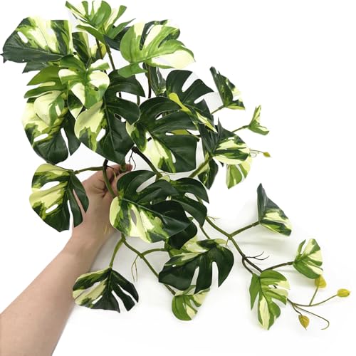Artificial Monstera Plants, Fake Tropical Palm Small Potted Faux Hanging Greenery Mini Plants for Indoor Outdoor Home Office Garden Houseplants Pot Decor Wedding Party Decorations - Oil Painting Green - color: Monstera Plant - White Green 1 Pcs