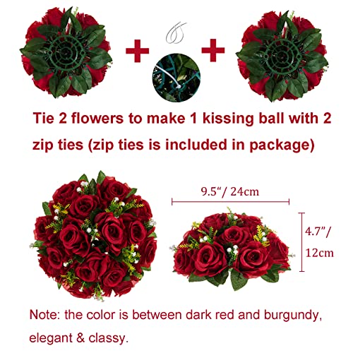 BLOSMON Flower Centerpieces for Tables Wedding: 10 Pcs Crimson Red Artificial Rose Flowers Balls Decoration - 9.5 Inch Fake Silk Kissing Floral Arrangement for Home Party Event DIY Decor - color: Crimson