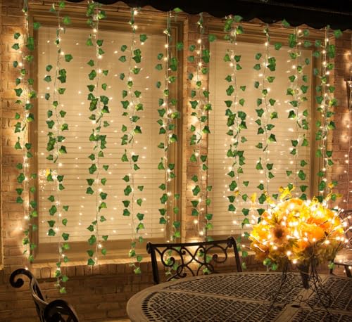 RECUTMS Vines with Lights Strings 59 Inches Wall Leaves Artificial Ivy Greenery Garland Fake Green Decorations Hanging Silk Leaf Plant All Year Round for Garden Office Wedding Table - color: Green Light2