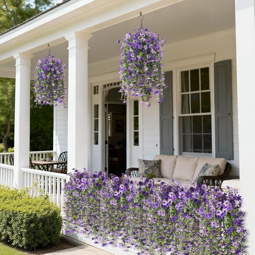 Artificial Hanging Flowers for Outdoors, 2 Pcs Fake Hanging Flowers Spring Summer Decor, UV Resistant Faux Artificial Outdoor Plants for Planter Front Door Porch Patio Garden Yard(Gradient Purple) - color: Gradient Double Purple