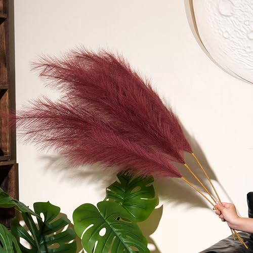 Premium Faux Burgundy Red Pampas Grass – 43.3" Tall Fluffy Romantic Decor, 8pcs 18-Branch One-Piece Stems No Assembly, Luxury Feather Flowers for Wedding Holiday Decor (Claret Red, 8 Stems / 110cm) - color: Faux Claret Red, size: 8pcs 43.3"(110cm)
