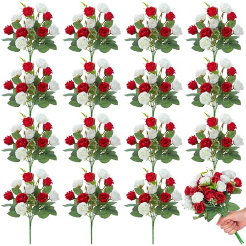 Zeyune 16 Bunches 12 Inch Artificial Mini Rose Bouquet 160 Heads Bridal Flower Bouquets Fake Silk Rose Bulk for Valentine's Day Wedding Bridal Shower Home Office Garden(White and Red) - color: White and Red