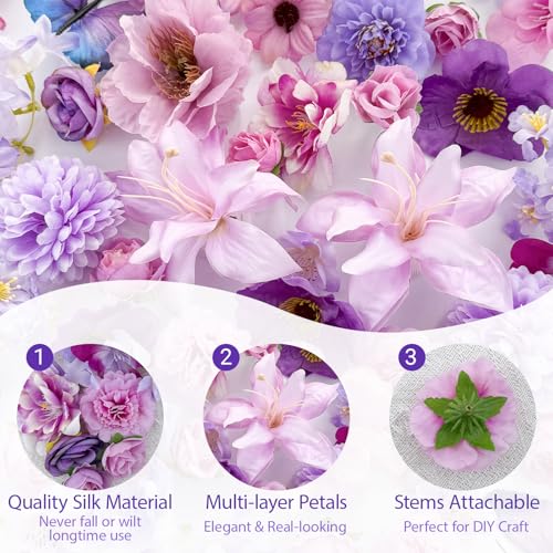 Artificial Flowers Heads Purple Silk Faux Flower Heads Fake Roses Peonies Lily Daisy Flowers Bulk for DIY Craft Cake Wedding Party Bridal Baby Shower Graduation Cap Table Home Decoration - color: Purple