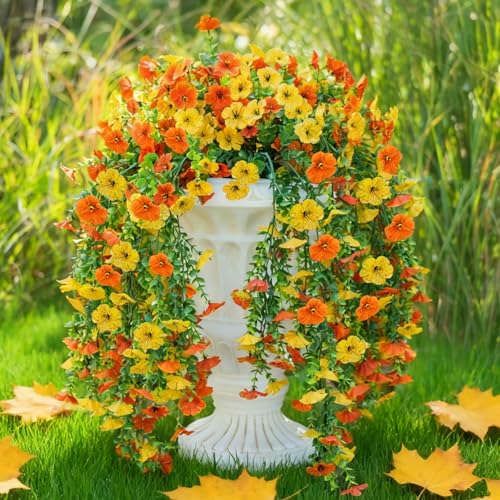 2PCS Artificial Hanging Fall Flowers for Outdoors Decorations, Orange Yellow Realistic Silk Daisy with Eucalyptus, UV Resistant Faux Mums for Home Decor Patio Garden Planters Yard Balcony - color: Yellow + Orange&2pcs Hanging