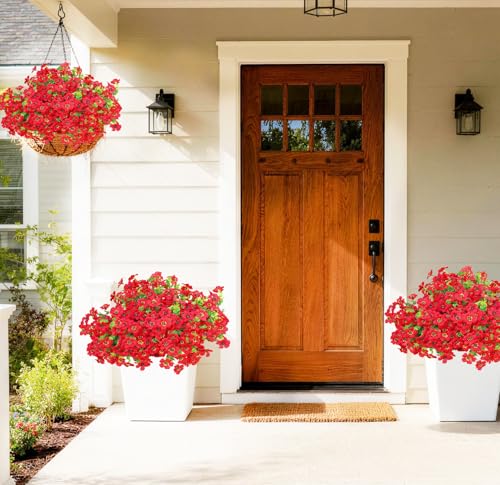 Artificial Outdoor Flowers 16 Bundles UV Resistant Fake Mums Flowers Plants for Decoration Indoor Outdoor Window Box Hanging Planter Home Porch Decor Plastic Faux Flowers (Red) - color: Red