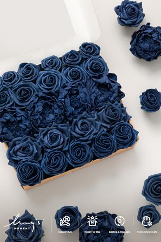 Ling's moment Artificial Flowers Fake Roses Faux Foam Peony Combo for DIY Wedding Bouquets Centerpieces Arrangements Bridal Shower Party Home Decorations, Navy Blue, 24pcs - color: Blu-navy Blue