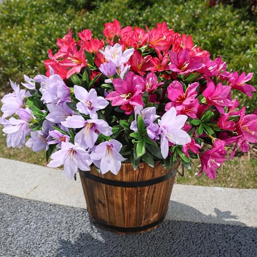 INSPRING Artificial Flowers for Outdoors Outside, 3 Bundles Fake Silk Azalea Flower Realistic UV Resistant Spring Flowers for Decoration Faux Plants for Outdoor Planters Porch Patio Garden Home, Mix - color: Hot Pink+purple Red+light Purple