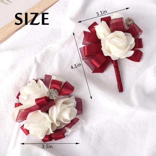 Wrist Corsage and Boutonniere Set Ivory Rose Corsage Wristlet for Homecoming Wedding Party Groom Bride Artificial Flower (Red and Ivory) - color: Red and Ivory