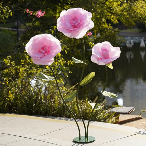 Giant Roses Artificial Flowers for Decoration with Stand,Oversized Handmade Paper Rose Decoration for Wedding,Party,Window Display,Photography Prop,Valentine’s Day & Event Decor(Pink) - color: Pink