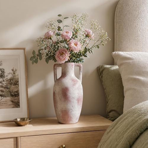 Ceramic Flower Vase with Handles, 12.8 inch Tall Farmhouse Vase Rustic Vases Decorative Pottery Vases Large Floor Vase for Home Decor Living Room Bookshelf Table Centerpiece Fireplace, Terracotta - color: 12.8 in - Terracotta