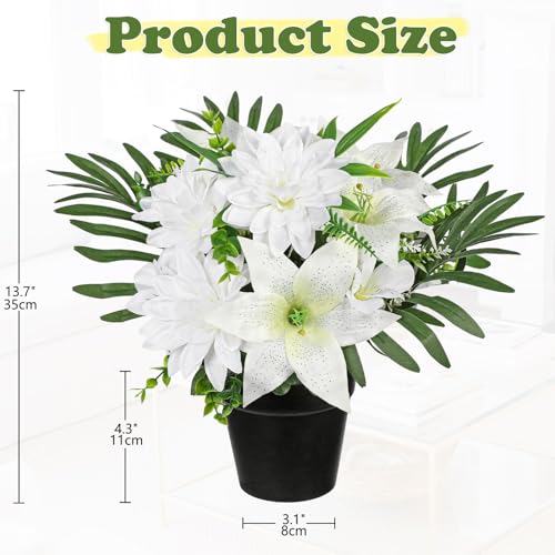 Hollyone Artificial Cemetery Flower for Graves, White Faux Lily Dahlia Flowers in Pot Silk Cemetery Memorial Flowers for Outdoors Gravesites Headstones Home Decoration - color: White-dahlia Lily
